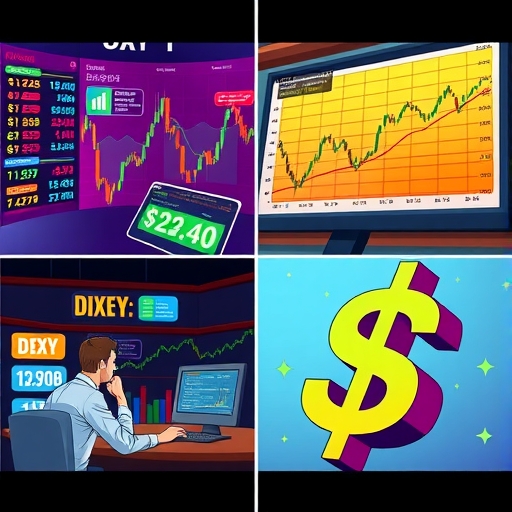 ภาพแนวคิดของสกุลเงินดอลลาร์ทั่วโลกพร้อมสัญลักษณ์ DXY