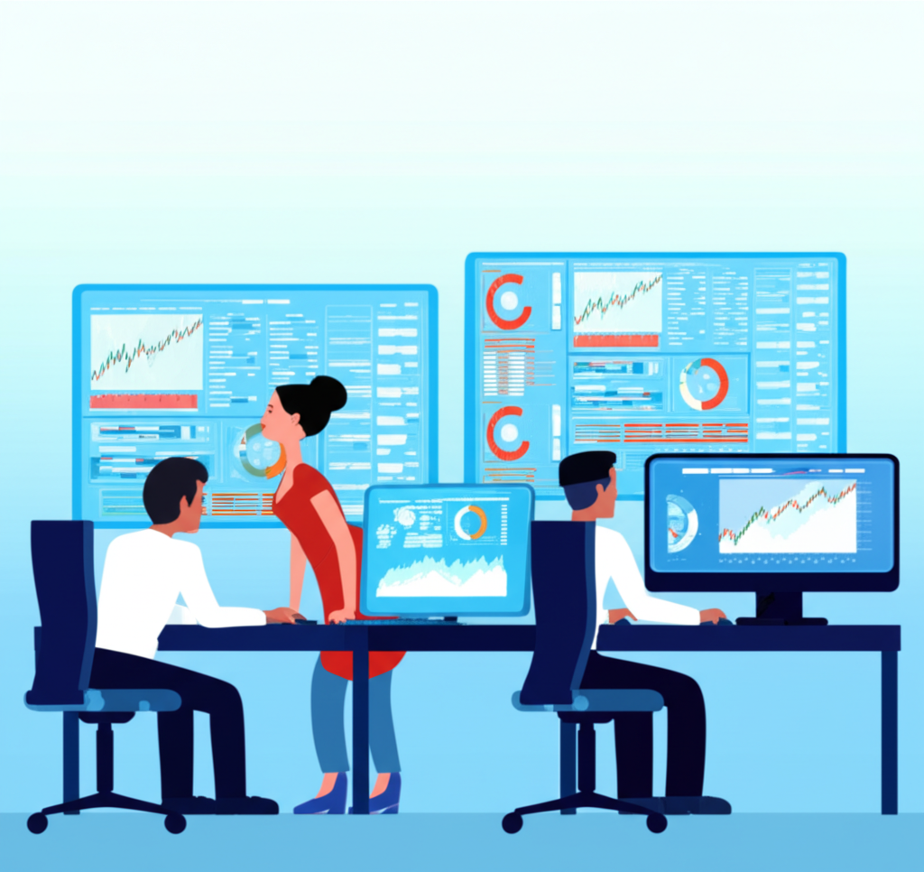 Illustration of traders analyzing market data