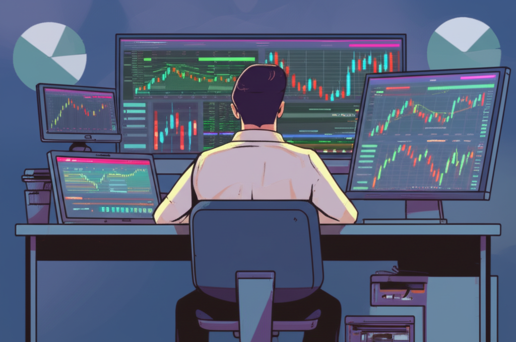 นักเทรด Forex วิเคราะห์กราฟหน้าจอเต็มไปด้วยข้อมูลการเทรด