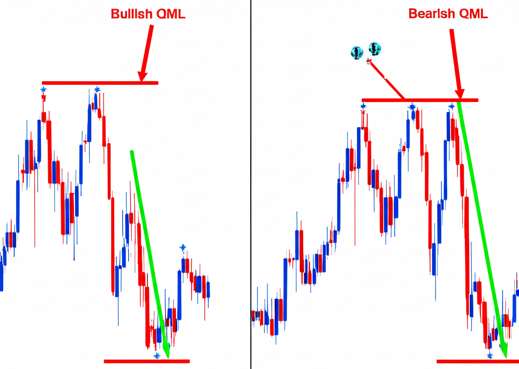 illustration of bullish and bearish QML patterns