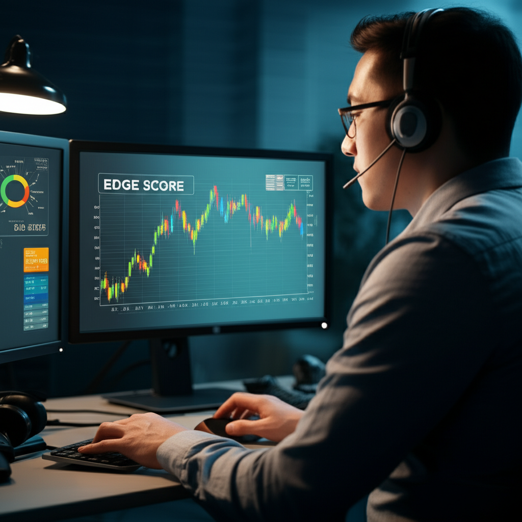 ภาพนักเทรดวิเคราะห์คะแนน Edge Score บนแดชบอร์ด