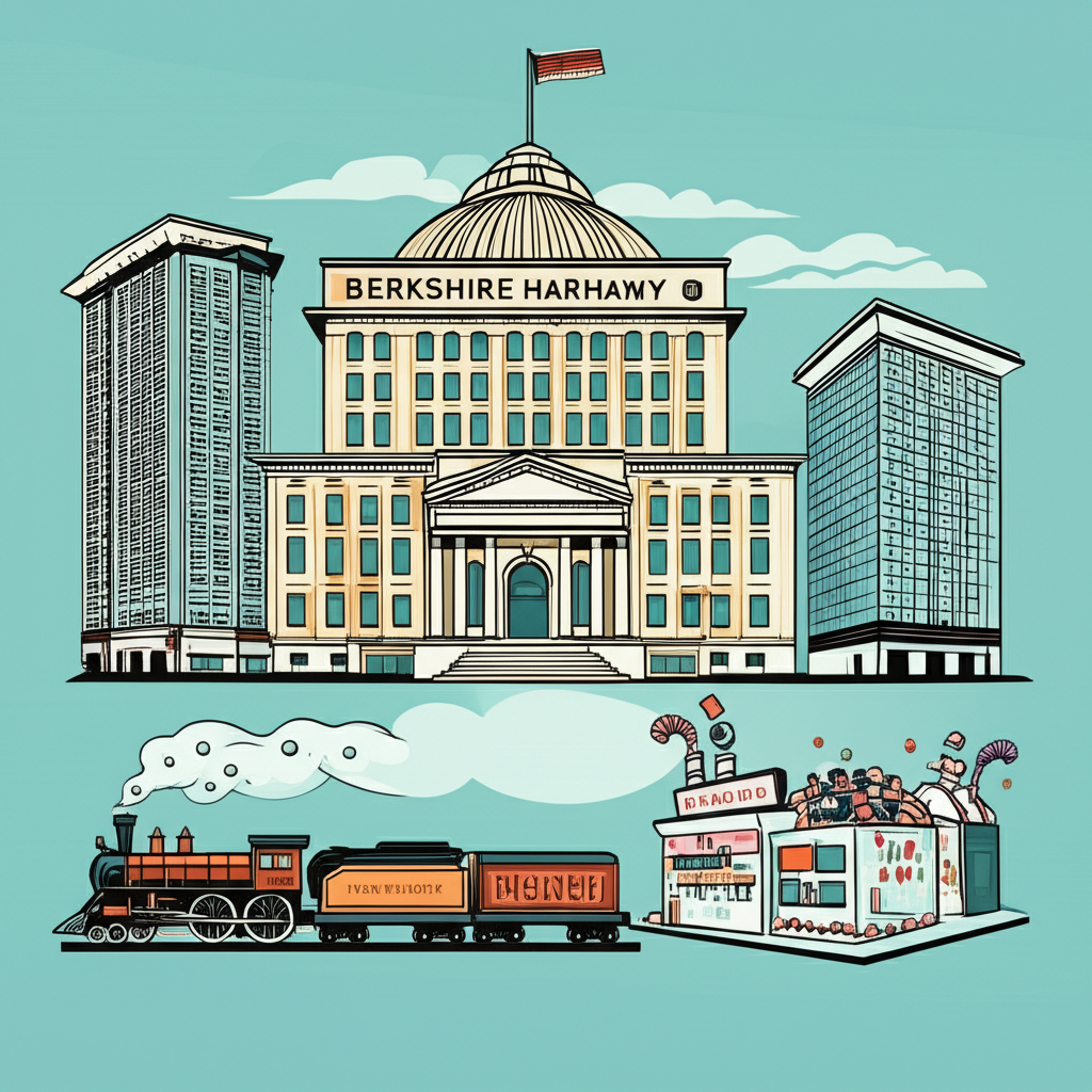 illustration of Berkshire Hathaway as a large holding company with diverse businesses like insurance trains and candy