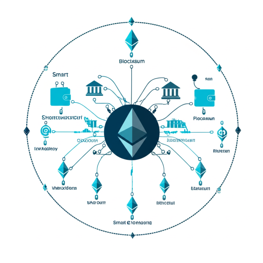 ภาพประกอบสัญญาอัจฉริยะบนบล็อกเชน Ethereum เชื่อมต่อแอปพลิเคชันทางการเงินด้วยธุรกรรมที่ปลอดภัย
