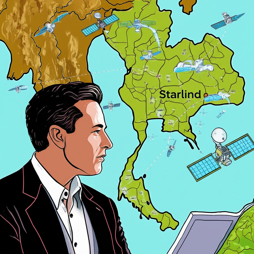 illustration elon musk looking at a map of thailand with starlink satellites orbiting above indicating market expansion