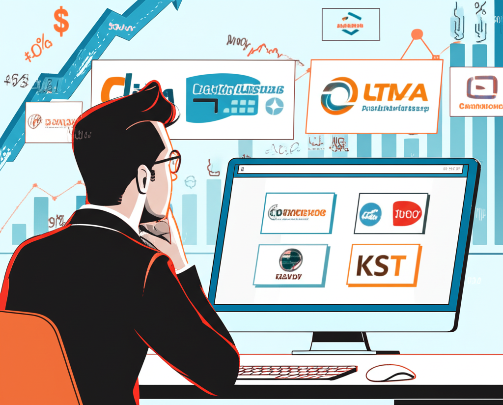 illustration a person thoughtfully choosing among multiple broker options with graphs and financial symbols in the background