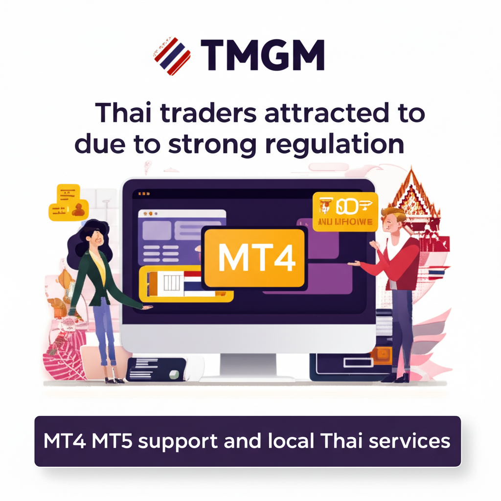 ภาพประกอบนักเทรดไทยที่สนใจ TMGM เนื่องจากการกำกับดูแลที่แข็งแกร่ง การรองรับ MT4 MT5 และบริการท้องถิ่นไทย