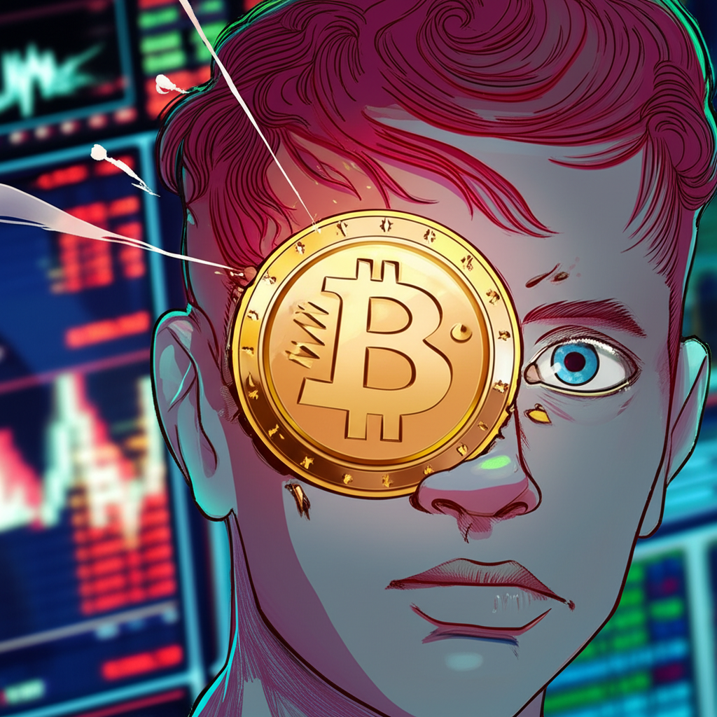 A person visually stuck or glued to a cryptocurrency coin or trading screen illustration style