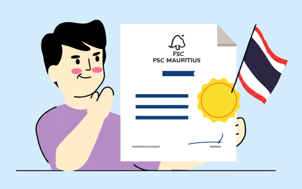 นักเทรดชาวไทยกำลังดูใบรับรองจาก FSC Mauritius พร้อมธงชาติไทยเล็กๆ สื่อถึงการกำกับดูแลและความไว้วางใจ