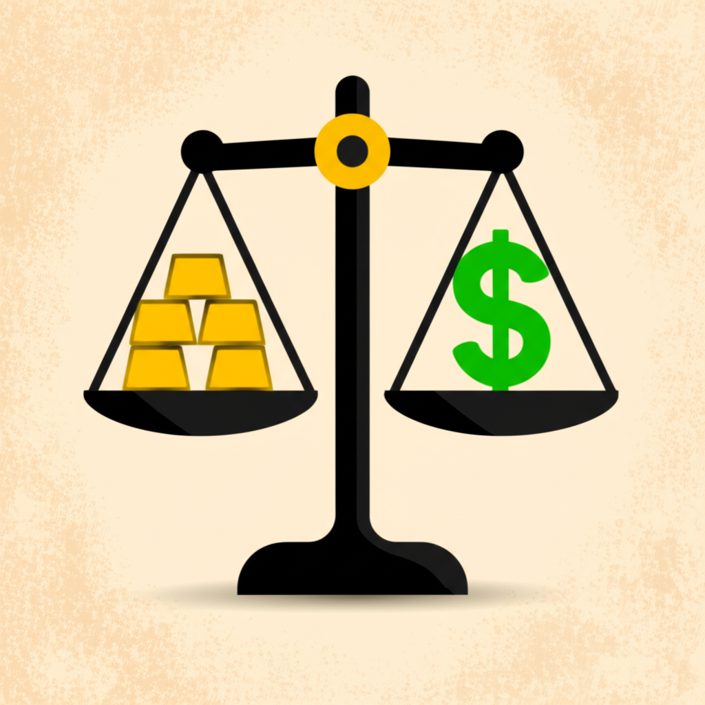 Weighing scale balancing gold and dollar sign for XAUUSD