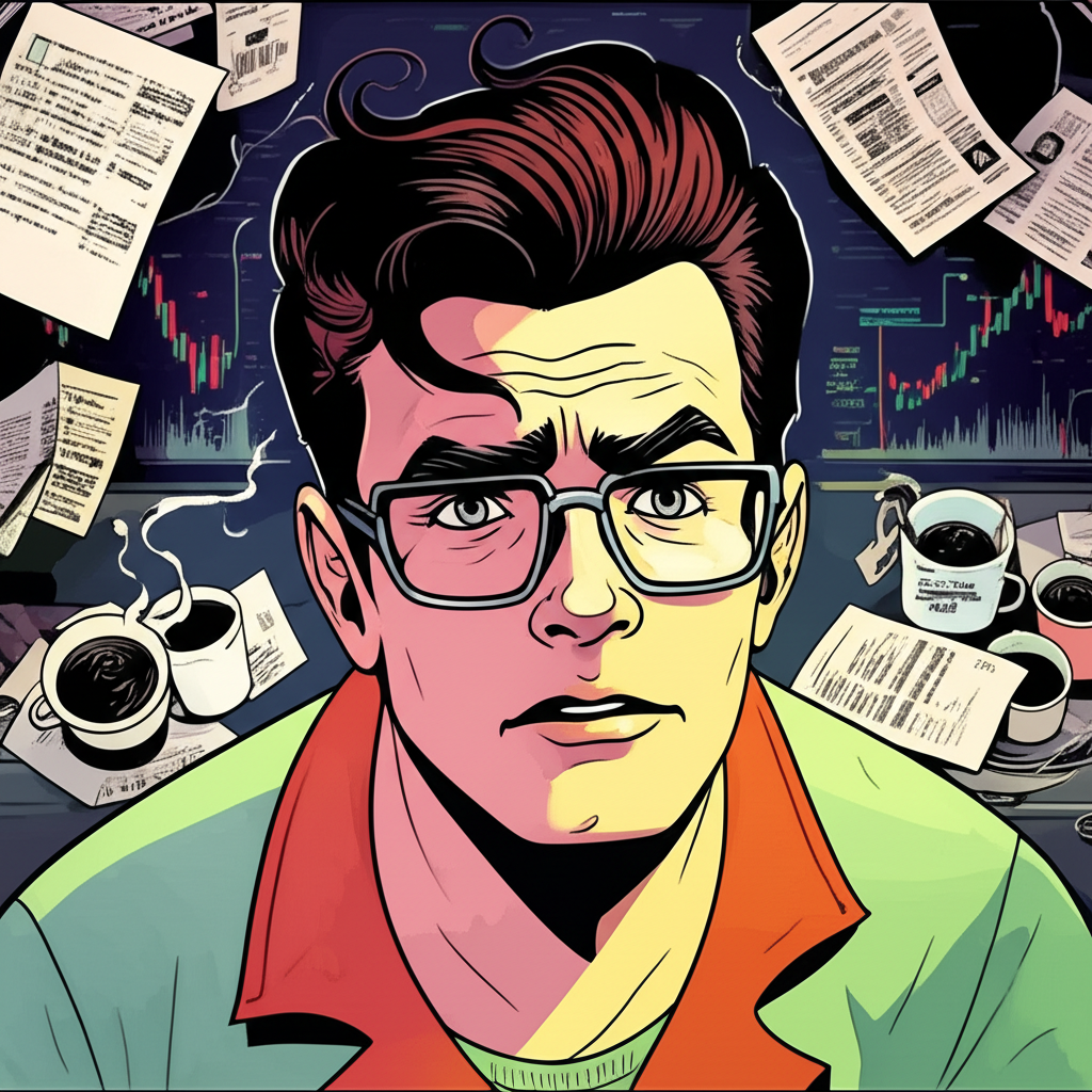 An investor looking at a fluctuating crypto chart feeling confused and overwhelmed illustration style