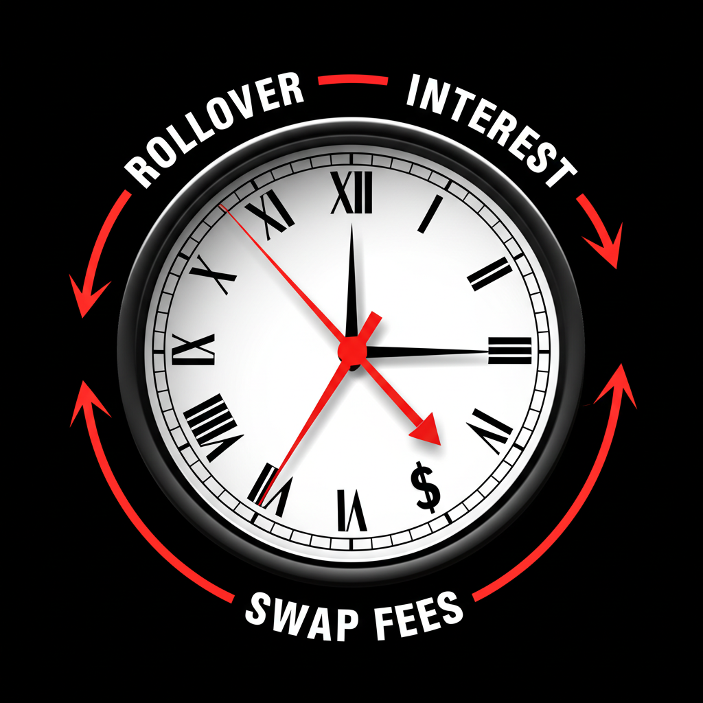 ภาพประกอบนาฬิกาที่มีสัญลักษณ์สกุลเงินและลูกศรบ่งบอกถึง rollover interest และค่า Swap