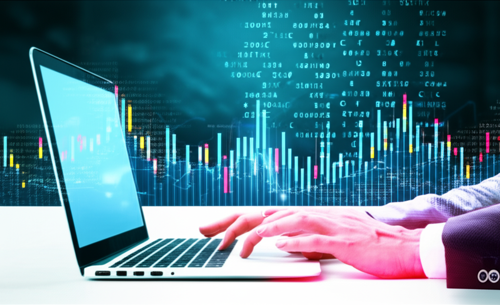Illustration of a person trading Forex on a laptop with charts and currency symbols in the global market background
