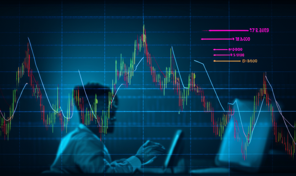 An exciting forex trader navigating market volatility with a risk management strategy illustration