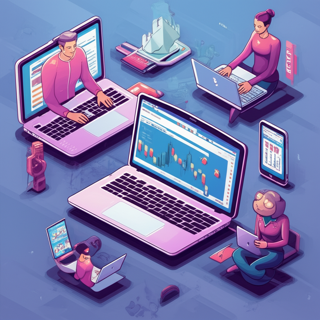 An illustration of Thai traders using NordFX platform on laptops and mobile devices in a dynamic trading environment