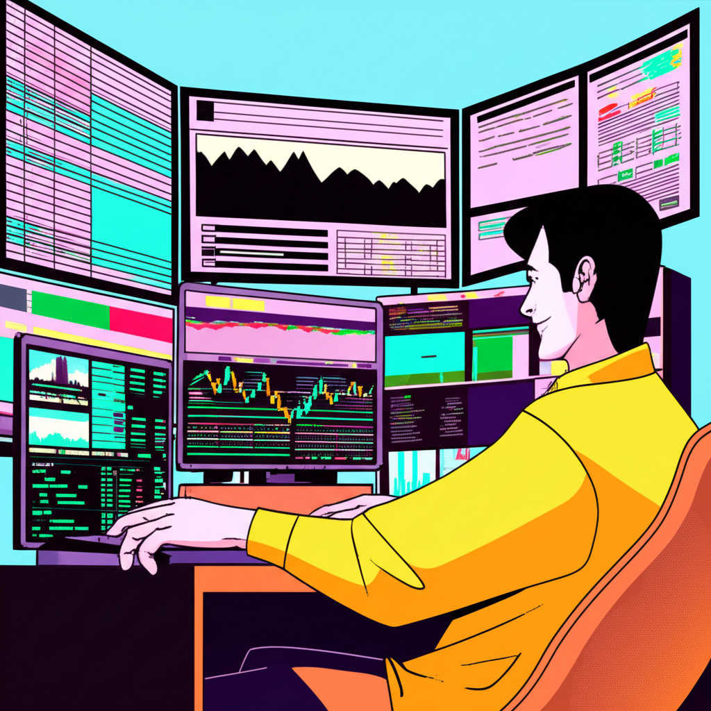 ภาพประกอบนักเทรดตัดสินใจอย่างรวดเร็วหน้าจอหลายจอในตลาด Forex ที่คึกคัก