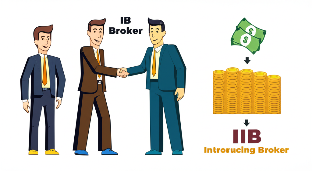 Three parties broker IB trader handshaking showing money flow in forex rebate system