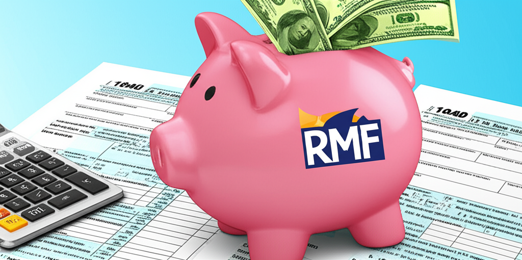 ภาพประกอบกระปุกออมสินที่มีโลโก้ RMF เติบโตเงินทุนล้อมรอบด้วยแบบฟอร์มภาษีและเครื่องคิดเลข