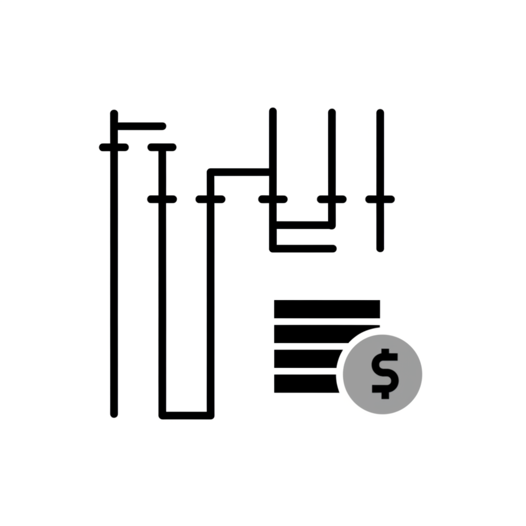 Illustration of a minimalist digital trading interface with very narrow bars for bid and ask prices and a small icon of commission coins next to it