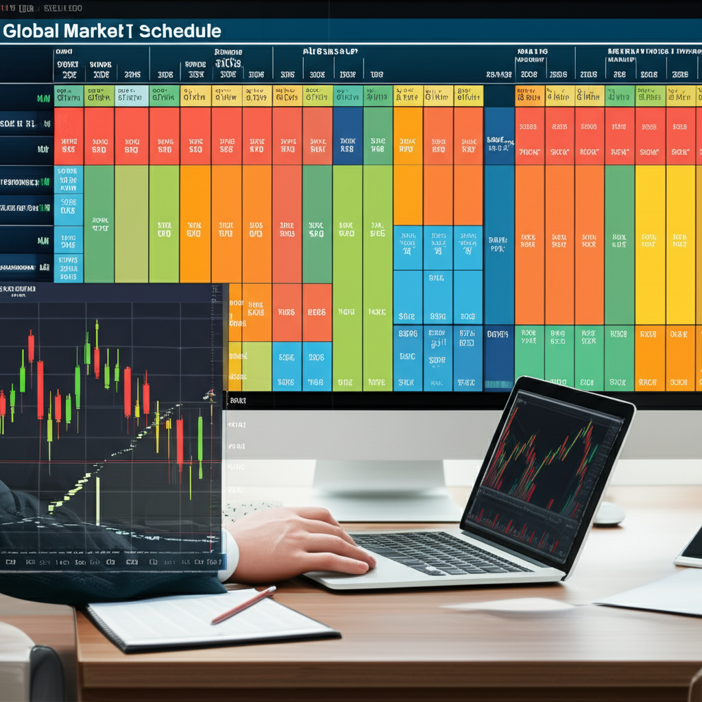 ภาพประกอบนักลงทุนตรวจสอบตารางตลาดโลกพร้อมเซสชันทับซ้อนและกราฟทองคำ XAUUSD