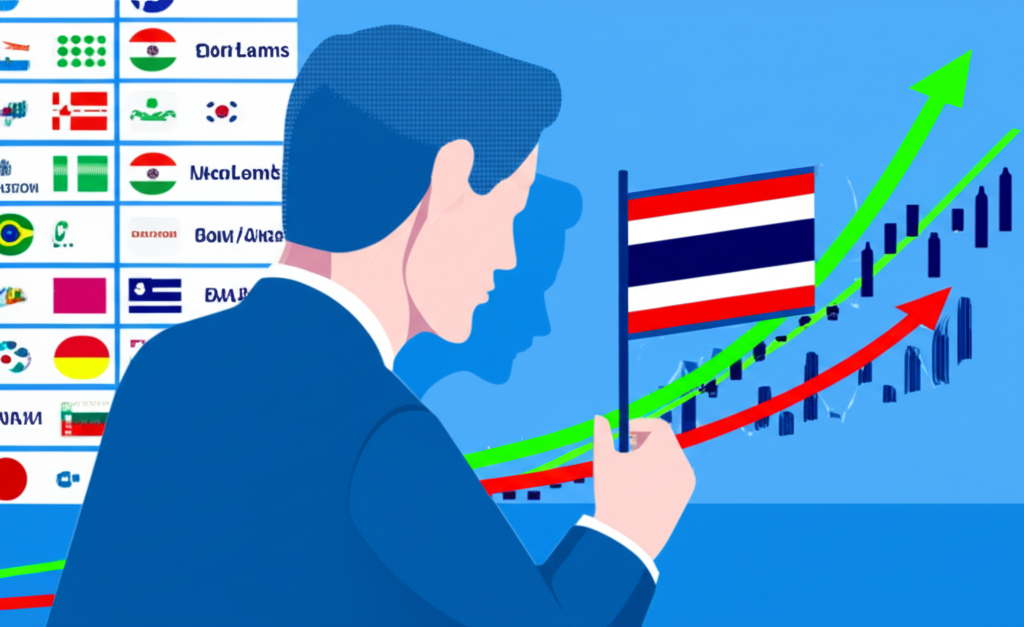 ภาพประกอบบุคคลกำลังดูกราฟอัตราแลกเปลี่ยนสกุลเงินทั่วโลกพร้อมธงชาติไทย แสดงถึงโอกาสทำกำไรสูง