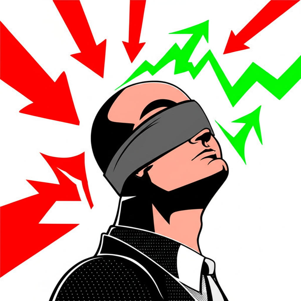 A crypto investor with blindfolds ignoring warning signs only seeing positive trends illustration style
