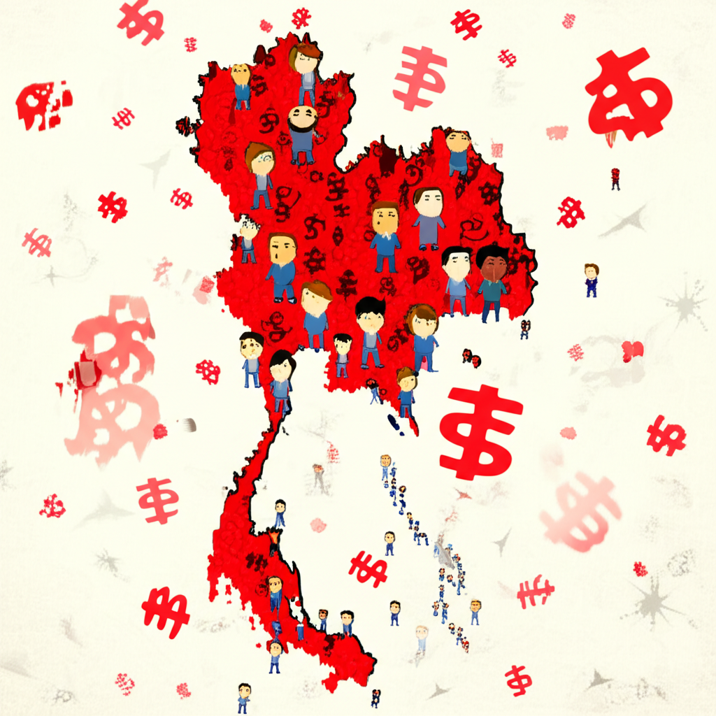 illustration of Thailand map with falling currency symbols and worried people a financial crisis concept