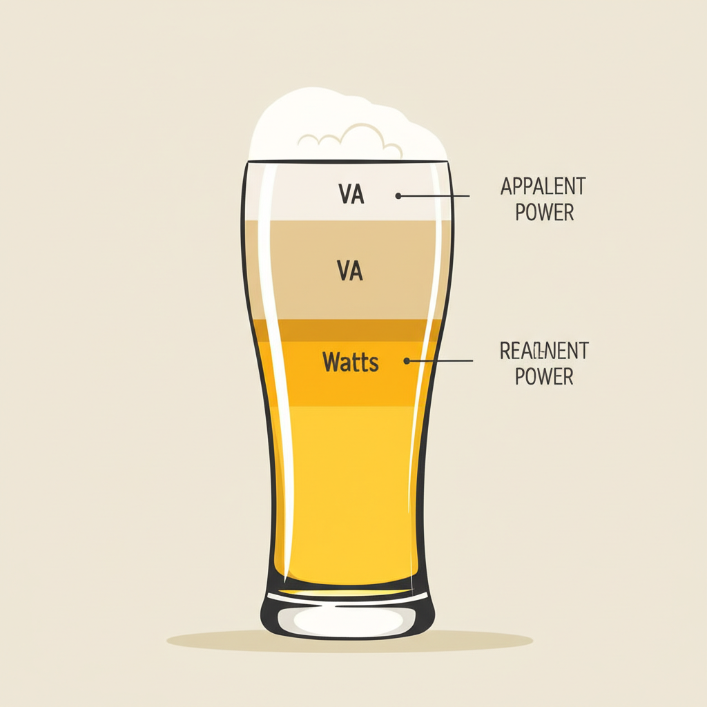 Beer glass analogy illustrating VA, Watts, and reactive power in electricity