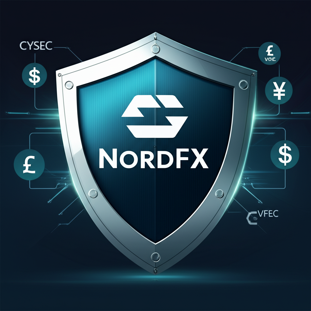 An illustration of a secure financial system with a shield protecting funds and NordFX logo with CySEC and VFSC symbols