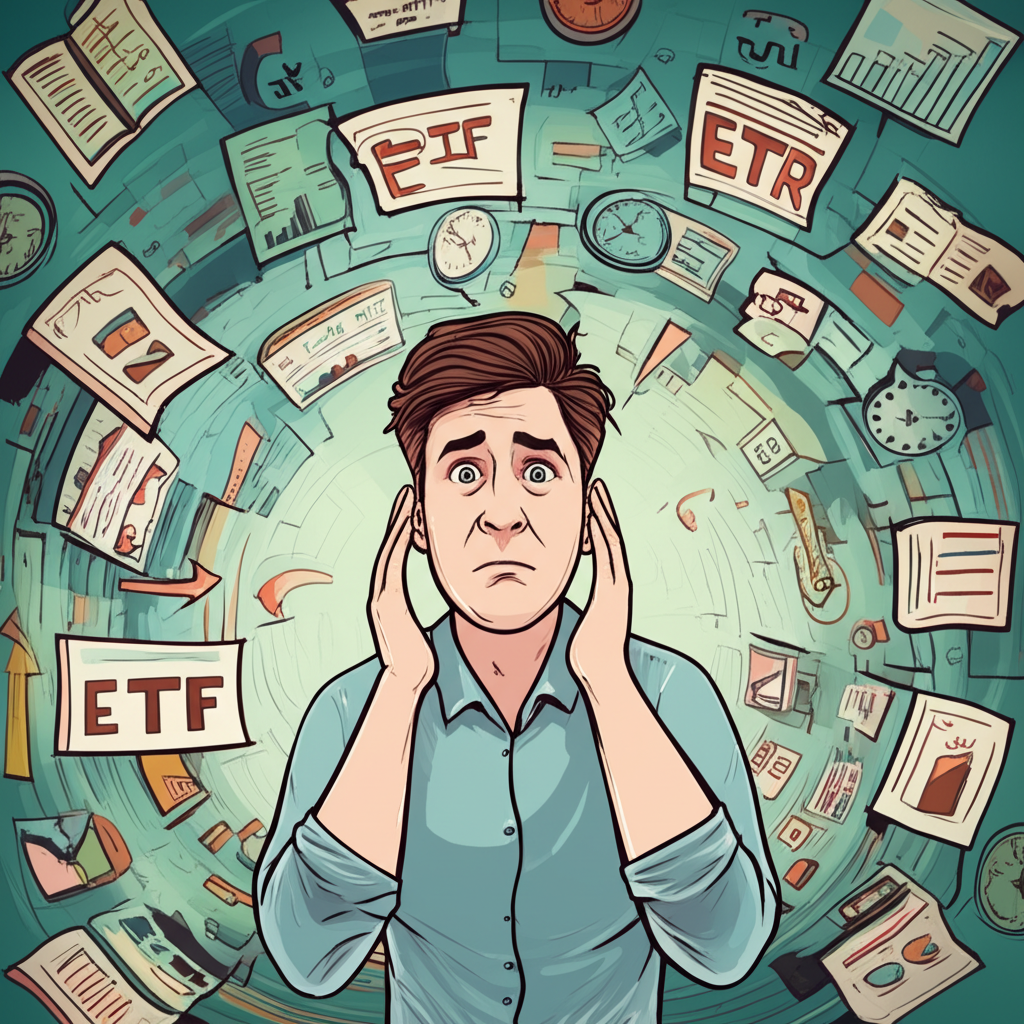 illustration of a person confused by many investment terms like ETFR and ETF surrounded by financial charts and symbols