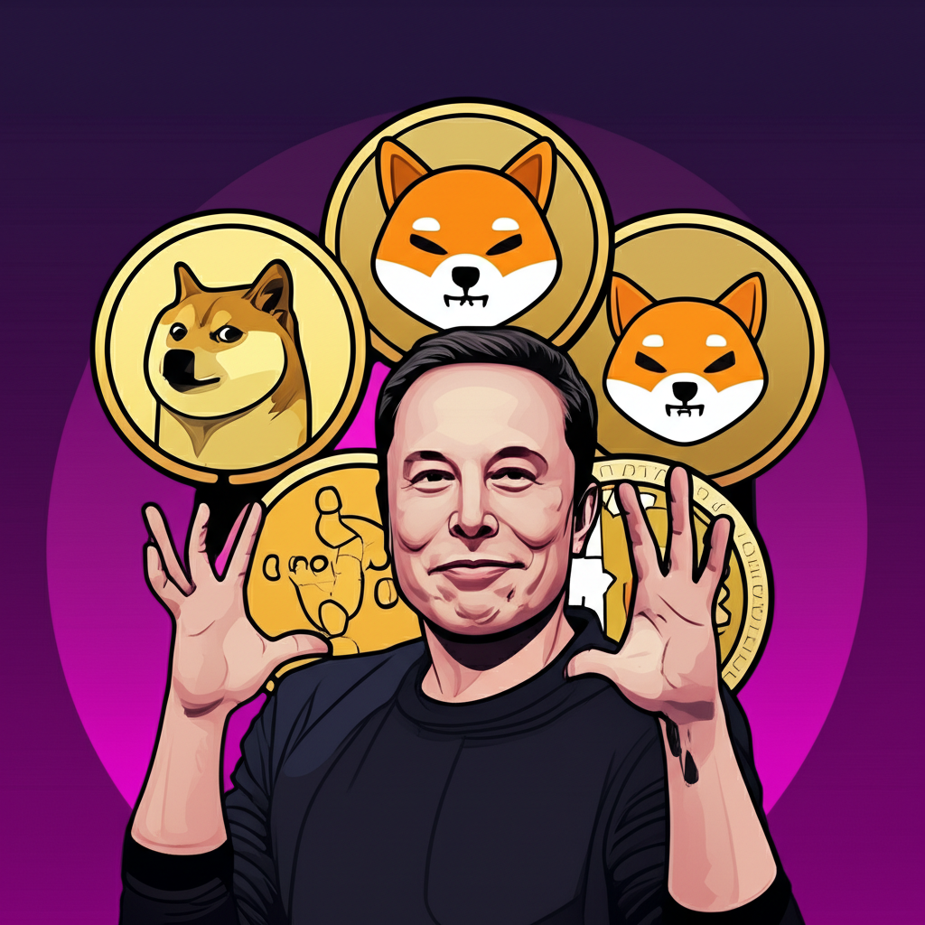 Popular meme coins like Dogecoin, Shiba Inu, Pepe Coin with Elon Musk influence and FOMO