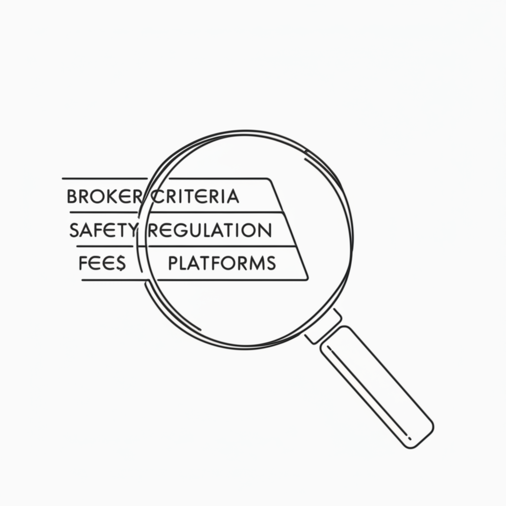 Magnifying glass examining broker criteria safety regulation fees platforms