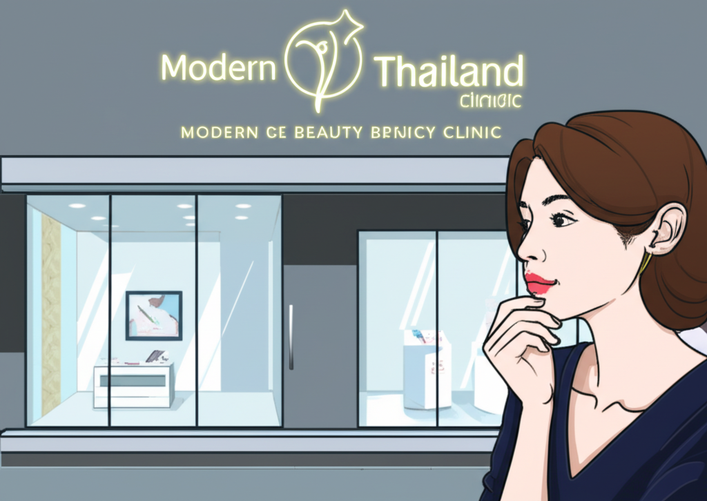 ภาพประกอบด้านหน้าคลินิกความงามสมัยใหม่ในประเทศไทยพร้อมป้ายไฟสว่างและผู้หญิงที่กำลังฝันถึงการเปิดคลินิก