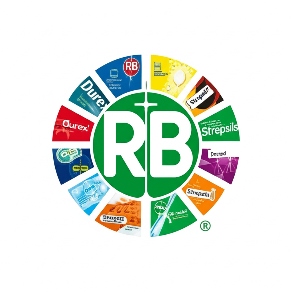 ภาพประกอบโลโก้บริษัท Reckitt Benckiser (RB) ระดับโลกพร้อมแบรนด์ผลิตภัณฑ์หลากหลาย เช่น Dettol Durex Strepsils ในประเทศไทย