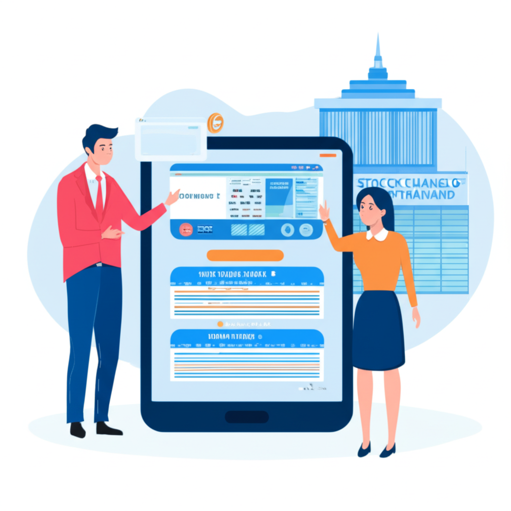 illustration a stock broker helping a client buy and sell shares on a digital platform with a thai stock exchange building in background