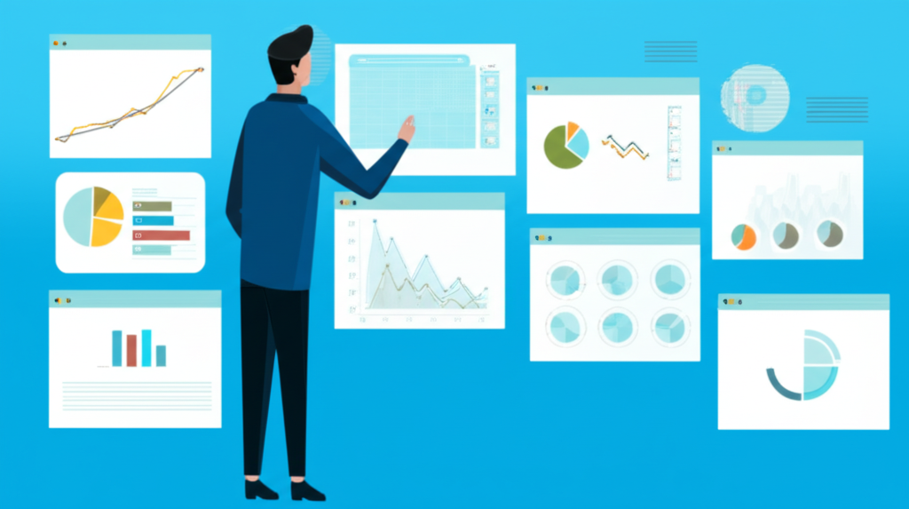 illustration of a data scientist analyzing market statistics price and volume to forecast investment opportunities