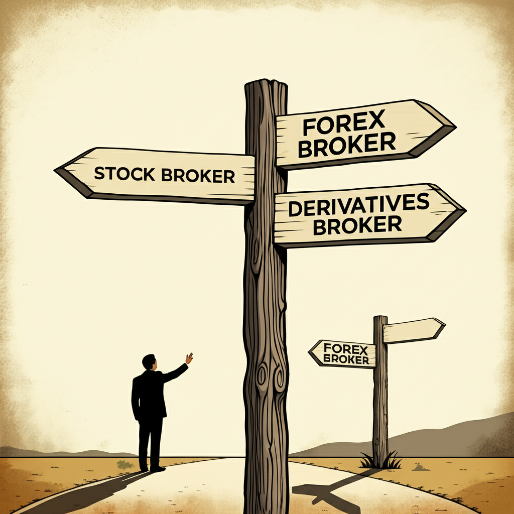 illustration a person standing at a crossroads with signs pointing to stock broker forex broker and derivatives broker
