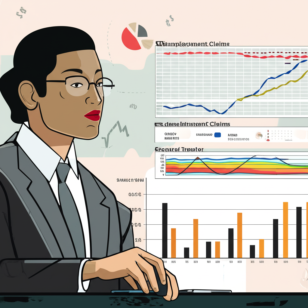 A central bank official analyzing unemployment claims data with economic indicators illustration style