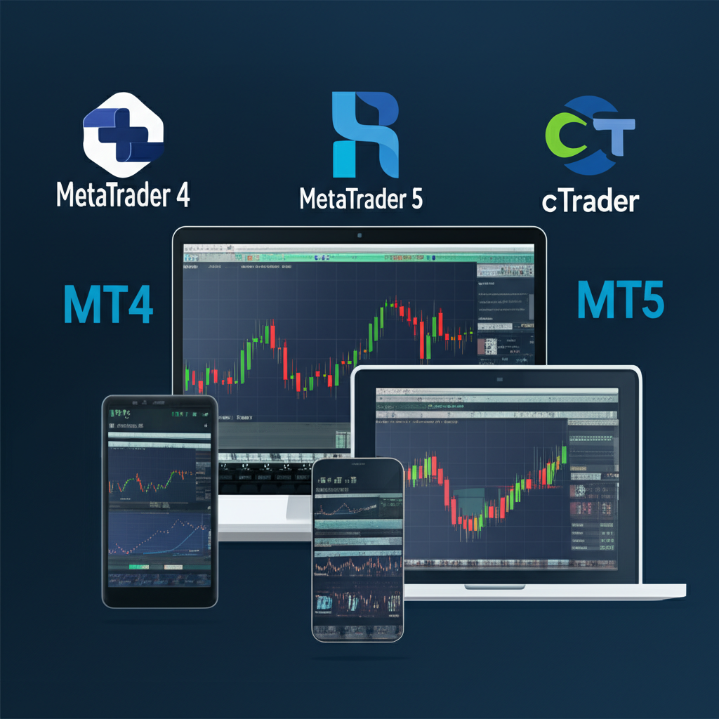 ภาพประกอบแพลตฟอร์มการเทรดหลายตัวอย่าง MT4 MT5 cTrader บนอุปกรณ์ต่างๆ เช่น แล็ปท็อป โทรศัพท์ และแท็บเล็ต แสดงถึงความยืดหยุ่นในการใช้งาน