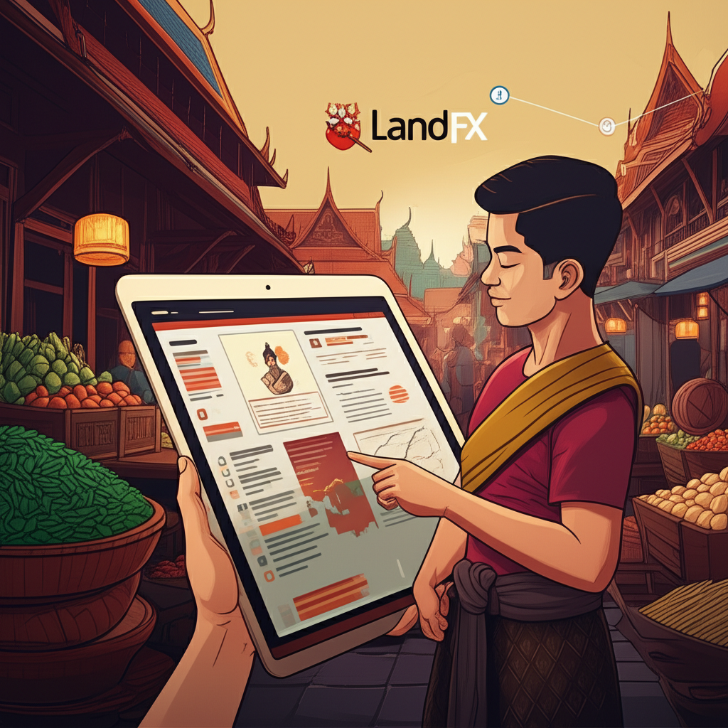 An illustration of a Thai trader exploring a detailed LandFX review with Landprime connection