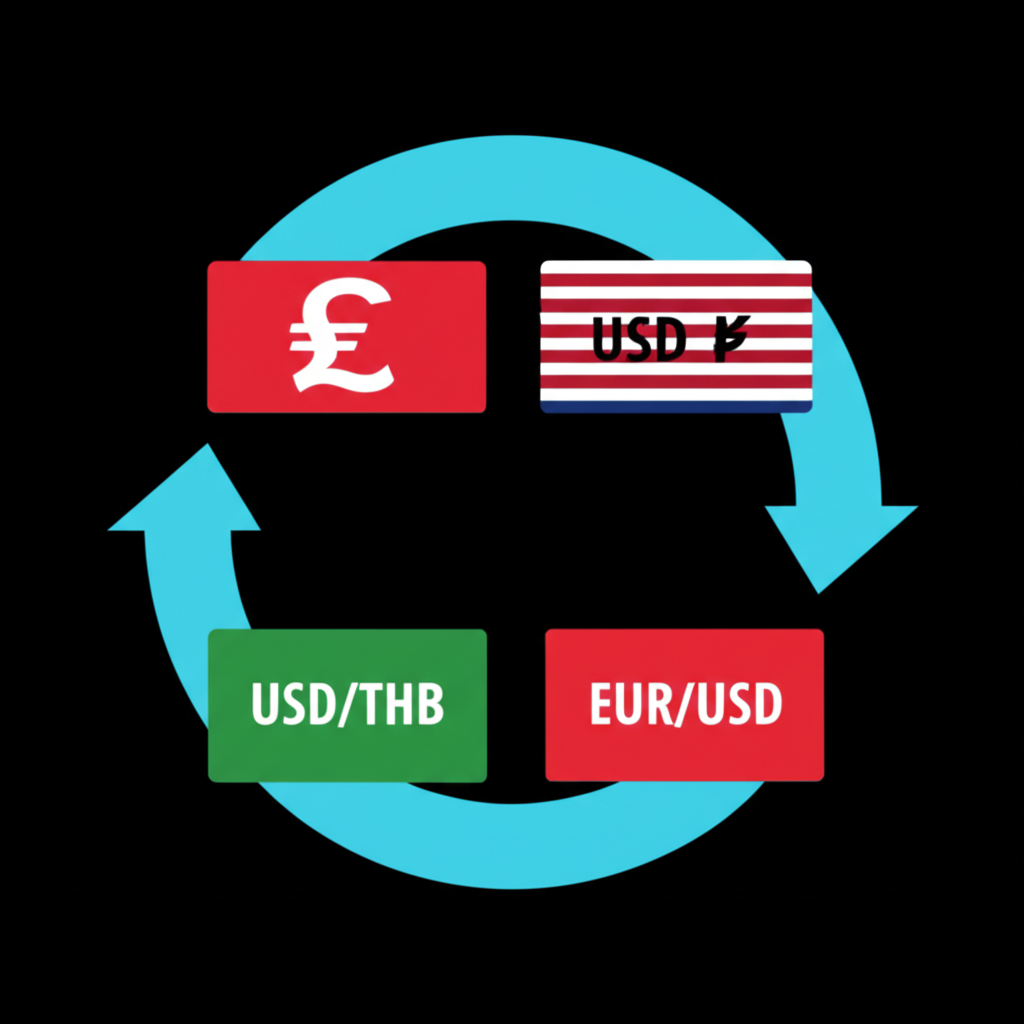 ภาพประกอบคู่สกุลเงินเช่น USD/THB และ EUR/USD พร้อมลูกศรแสดงการแลกเปลี่ยน