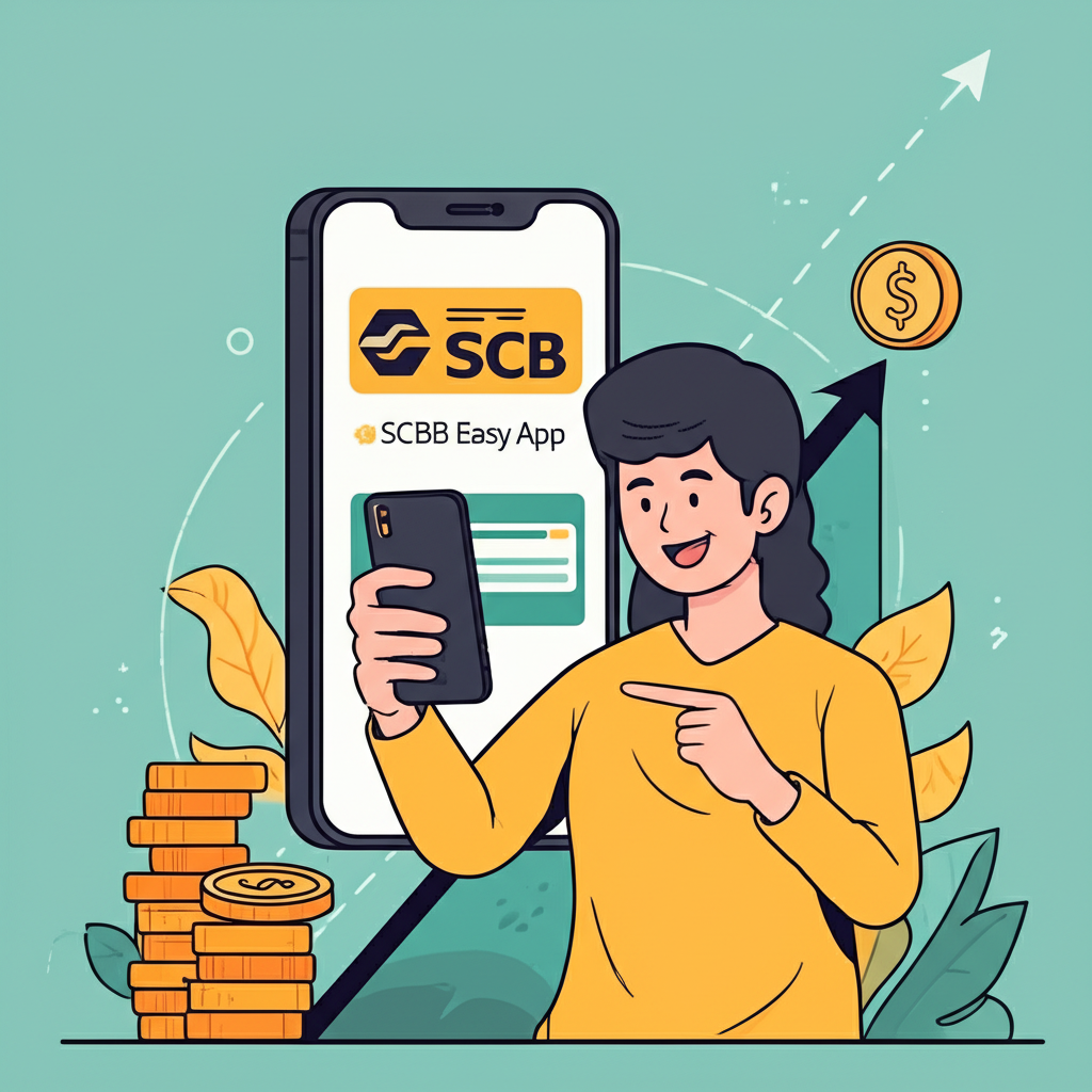 นักลงทุนยิ้มแย้มลงทุนในหุ้นกู้ดิจิทัล SCBX ผ่านแอป SCB Easy บนสมาร์ทโฟน พื้นหลังการเติบโตทางการเงิน