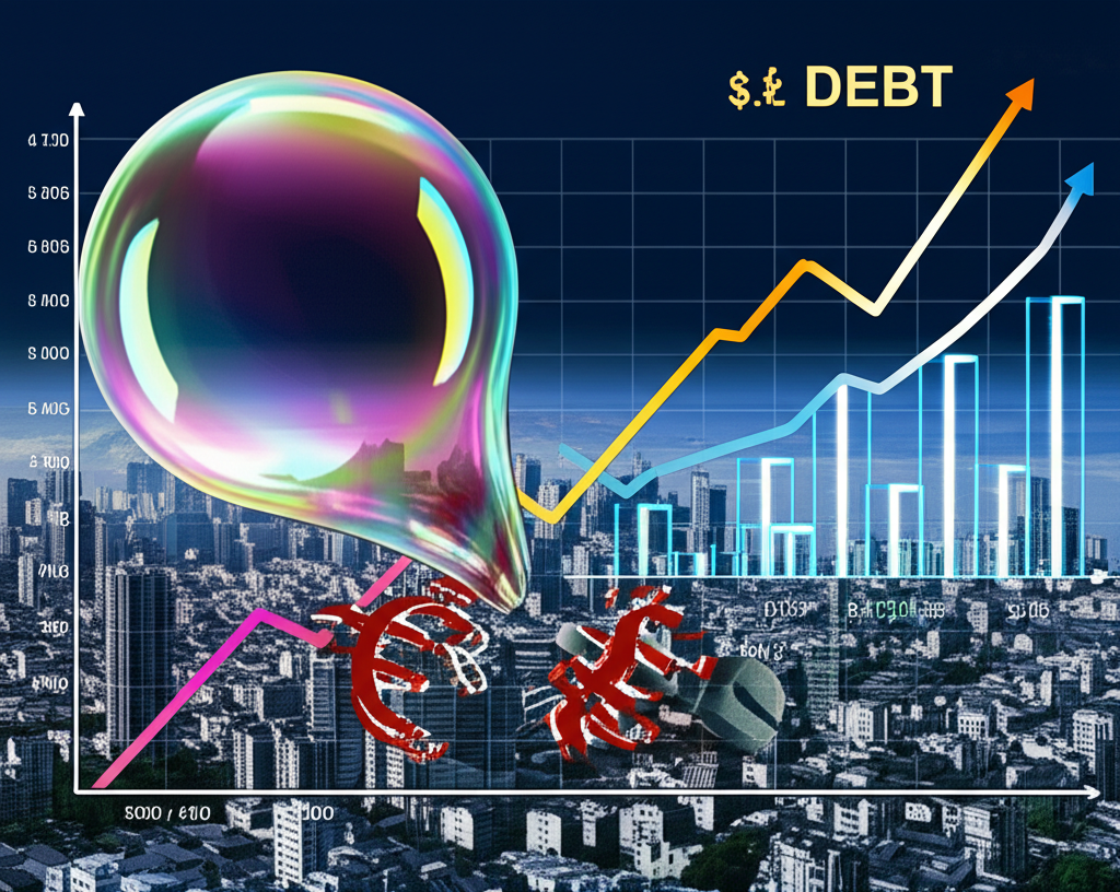 illustration of a bursting bubble over a cityscape with rising debt graphs and currency peg breaking