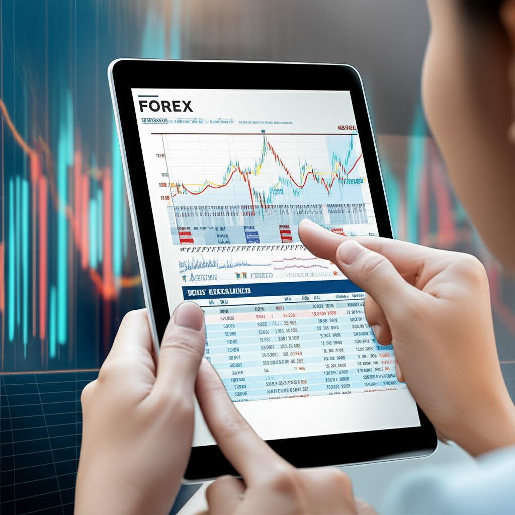 มือใหม่กำลังอ่านหนังสือ Forex PDF บนแท็บเล็ตพร้อมกราฟค่าเงินในพื้นหลัง สไตล์ภาพประกอบ