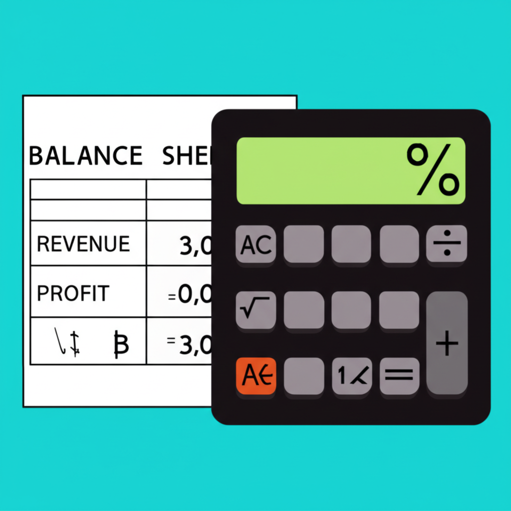 Illustration of a calculator displaying a percentage and a balance sheet with revenue and profit figures in Thai baht