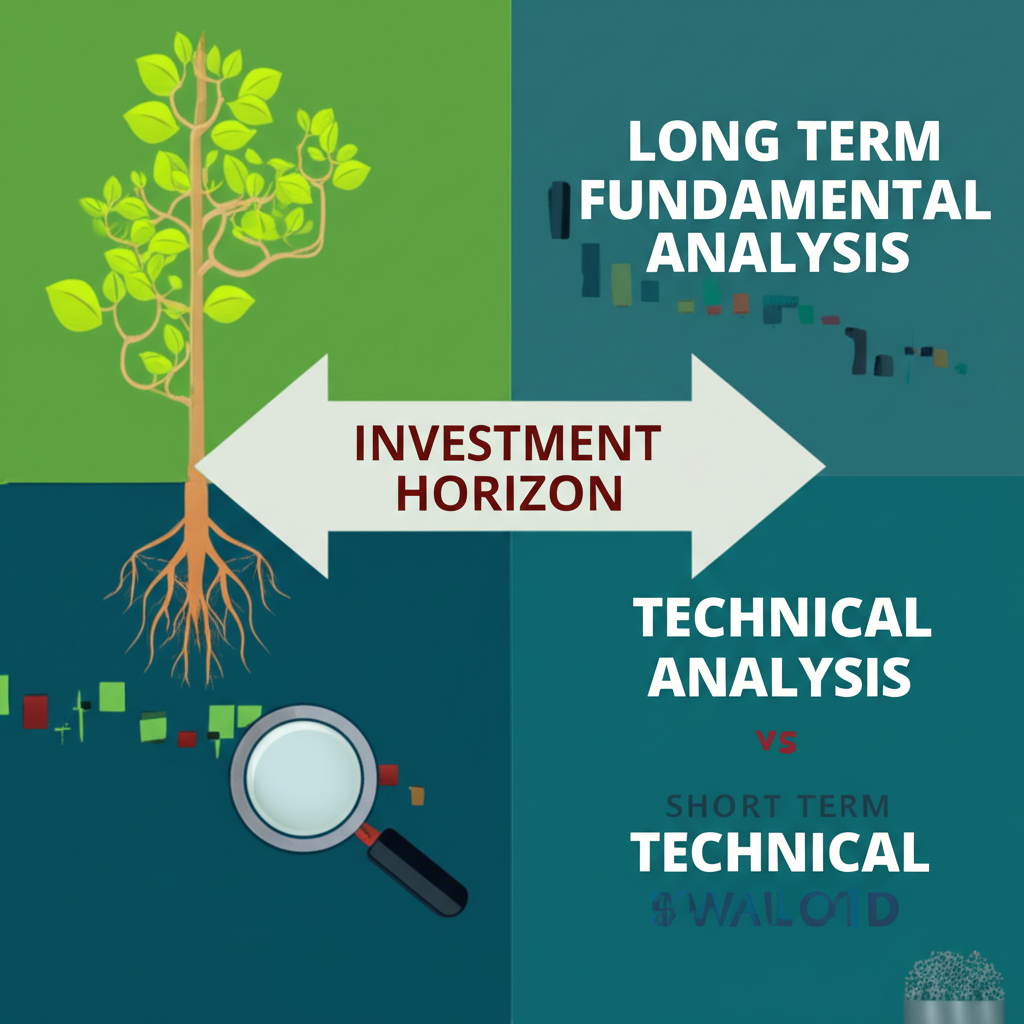 An illustration comparing long term fundamental analysis and short term technical analysis investment strategies