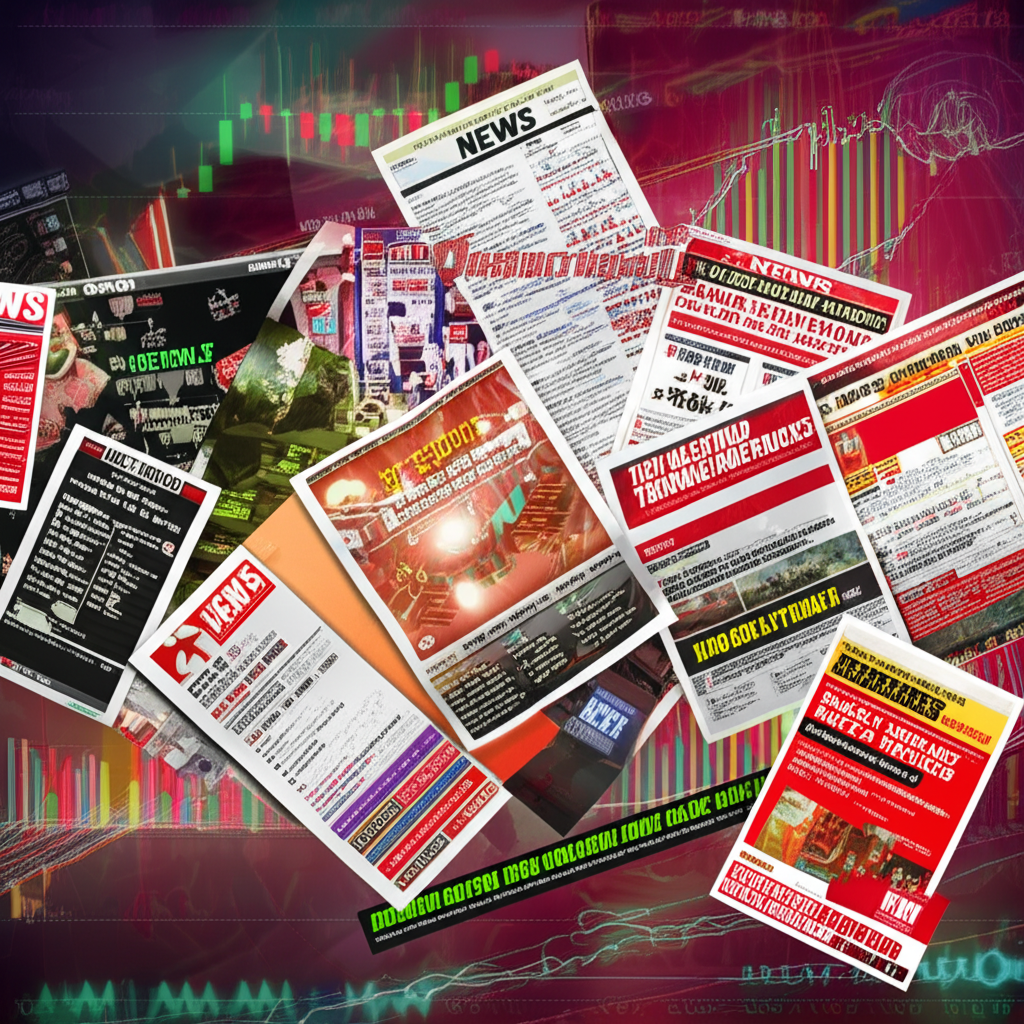 A chaotic market scene with volatile price charts and news headlines illustration
