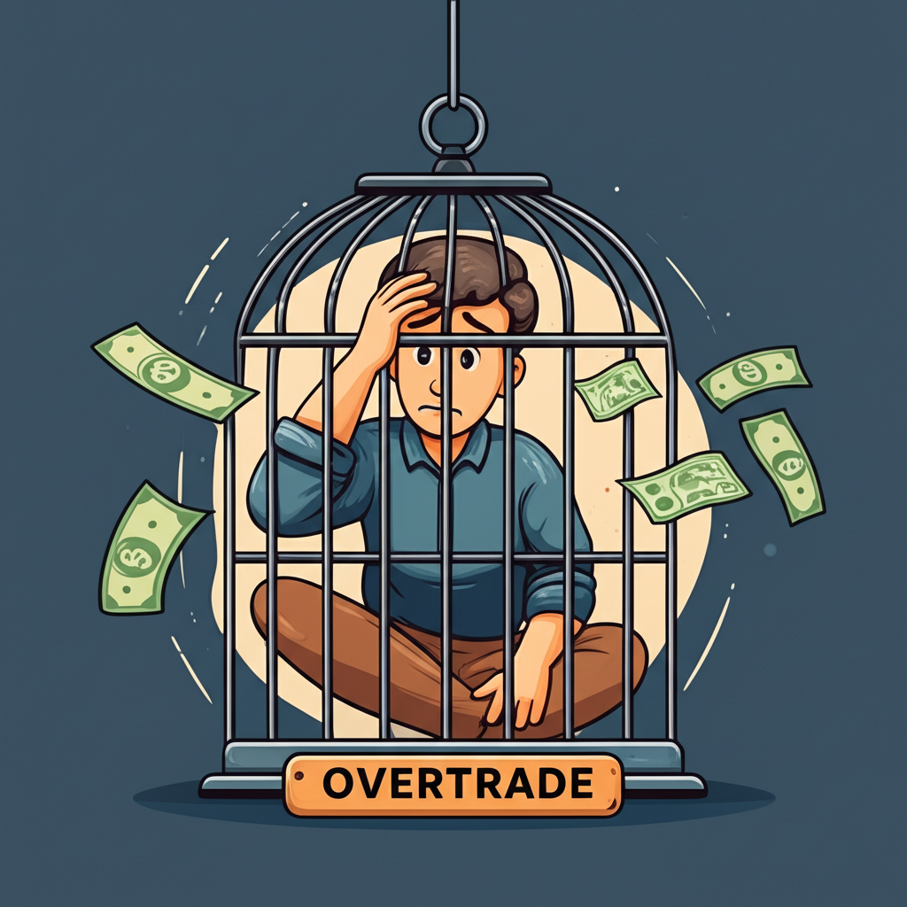 ภาพประกอบคนกังวลใจติดอยู่ในกรงกราฟฟอเร็กซ์ที่ติดป้าย overtrade พร้อมเงินไหลออก แสดงถึงความขัดแย้งทางจิตใจ