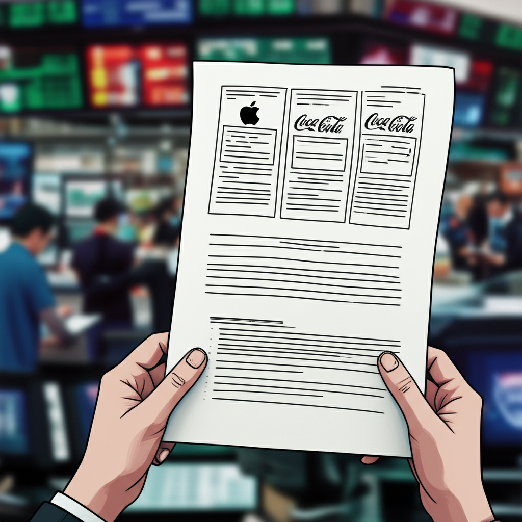 illustration of a portfolio document with top stock names like Apple and CocaCola on it held by hands in a market setting