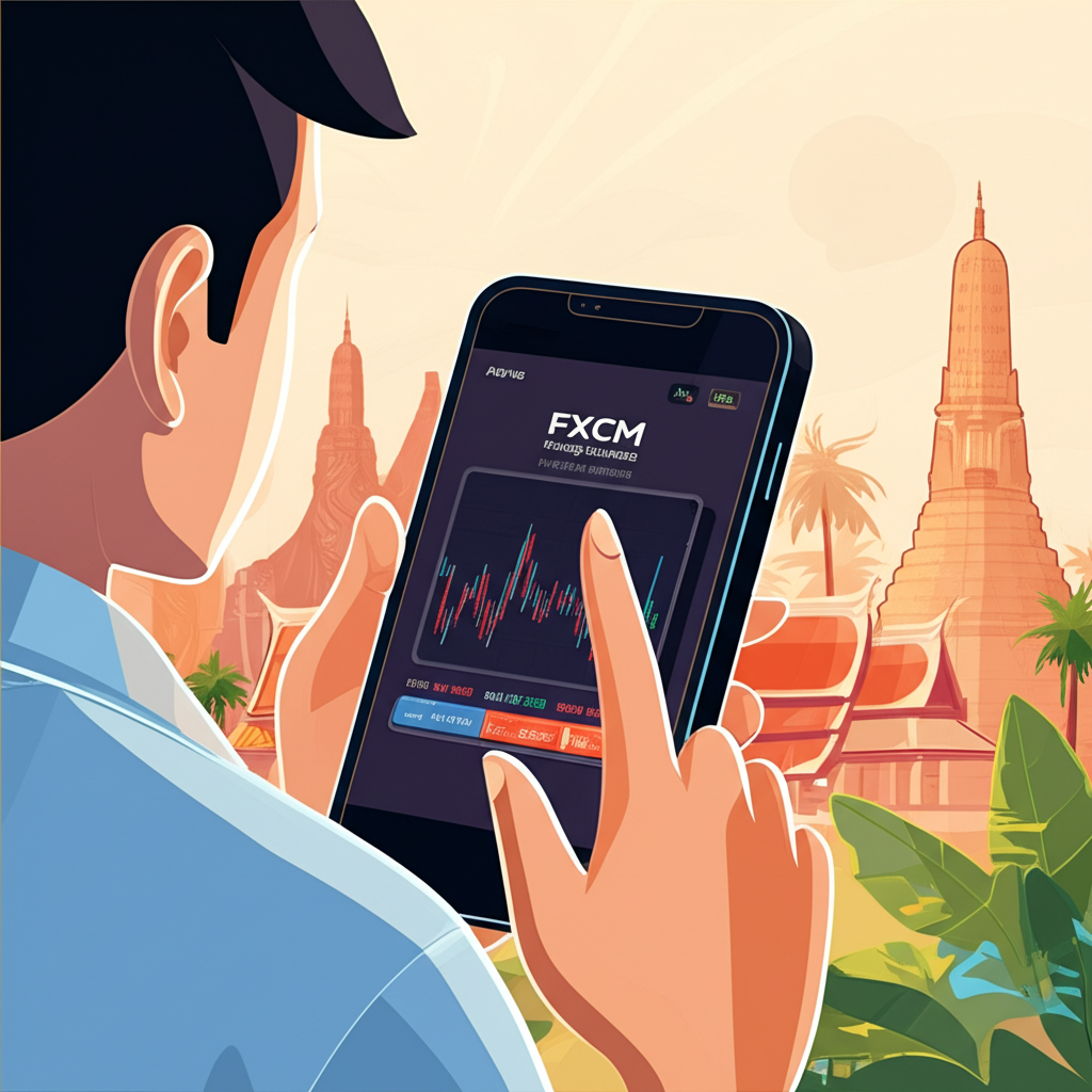 Thai person accessing FXCM trading platform on mobile with Thailand background