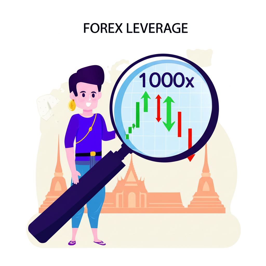 Illustration of a Thai trader studying forex leverage 1000 with a magnifying glass showing risks and benefits